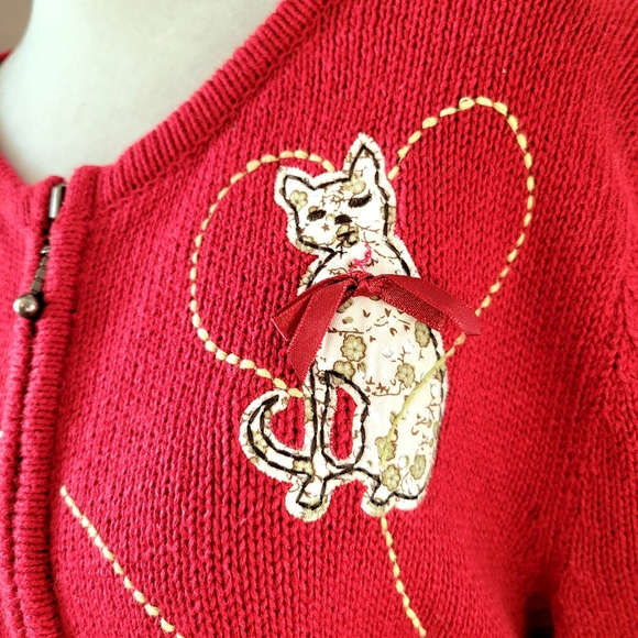 VINTAGE 80's CAT LOVERS COTTON CARDIGAN RED - Picture 3 of 8